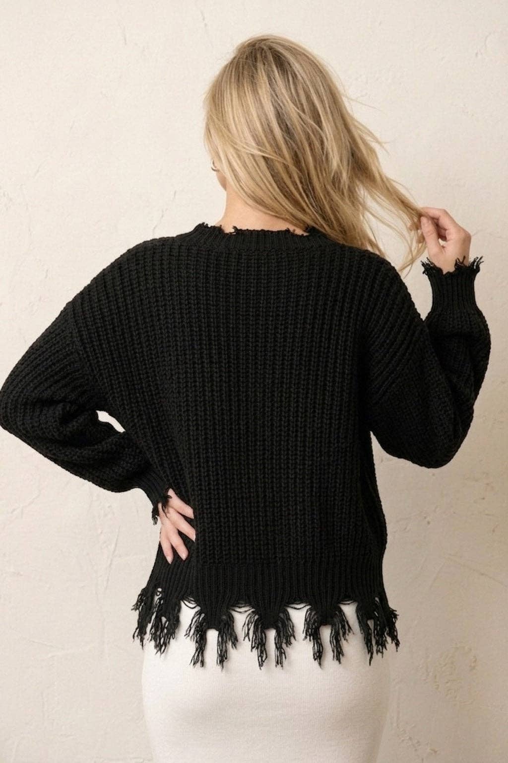 Black Distressed Knit V-Neck Sweater