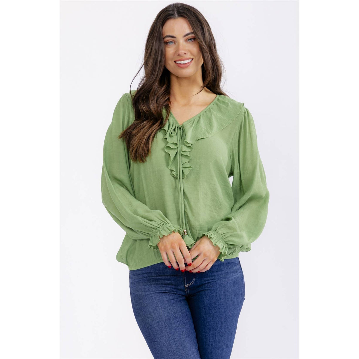Gauze Ruffle Drawstring Blouse