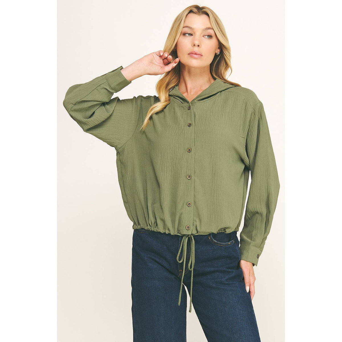 DRAWSTRING HEM BUTTON-DOWN