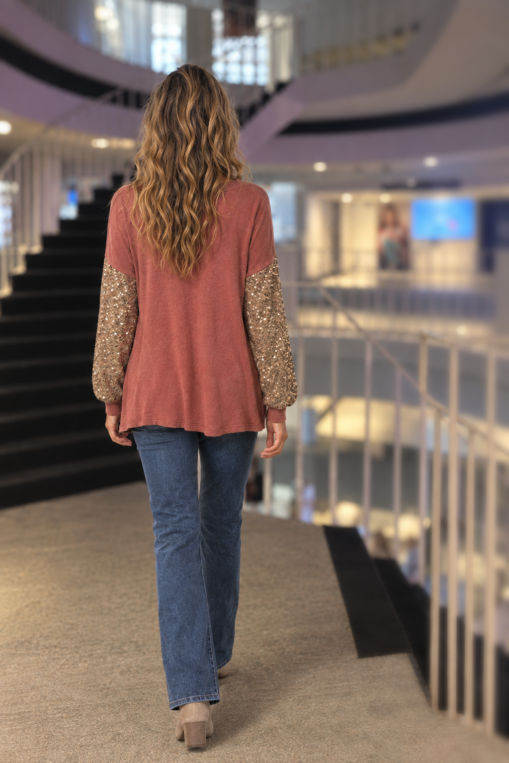 Coral Sequin Sleeve Sweater