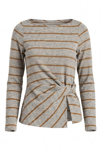 Long Slv Boat Neck Knit Top W/ Twist Detail - h.gray/ylw strp