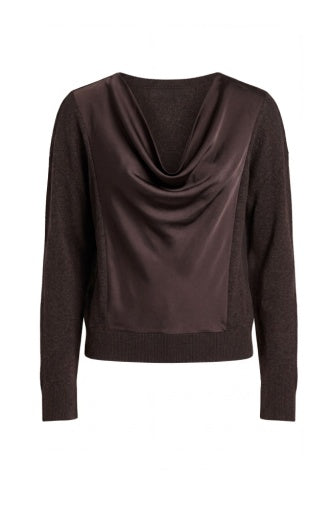 Long Slv Drape Neck Wvn Sweater Hybrid - java melange